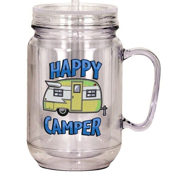 Happy Camper Mason Jar Acrylic Mug 16-oz Double Wall Insulated Lid Straw Gift - Picture 1 of 3